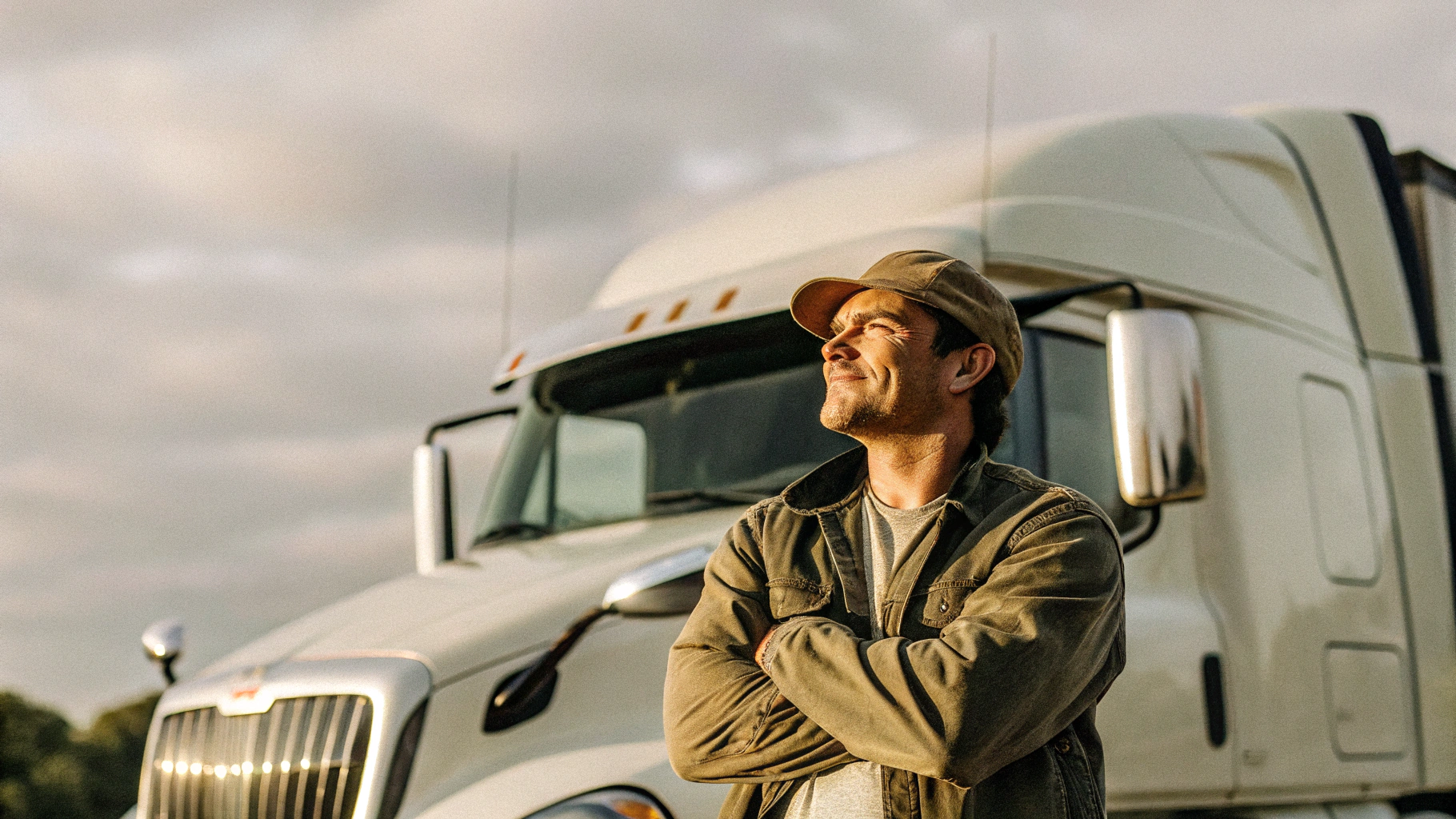 Confident truck driver standing in front of modern semi-truck